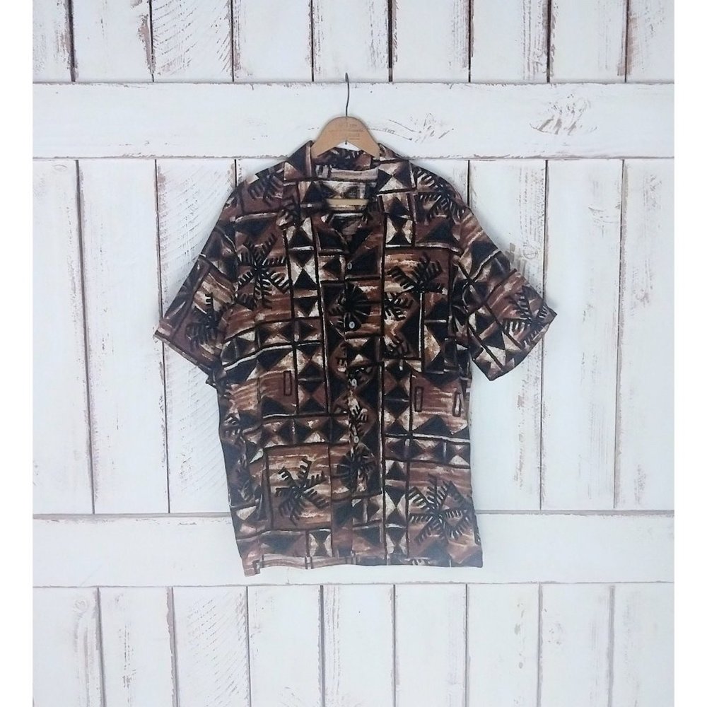 Vintage 90s mens brown and black Hawaiian tiki luau shirt